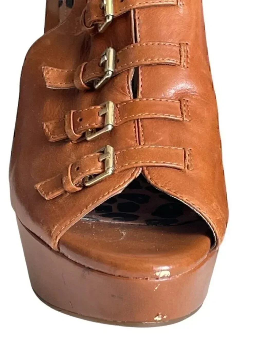 Jessica Simpson Brown Leather Buckle Wedge Platform Sandals | Size 7.5
